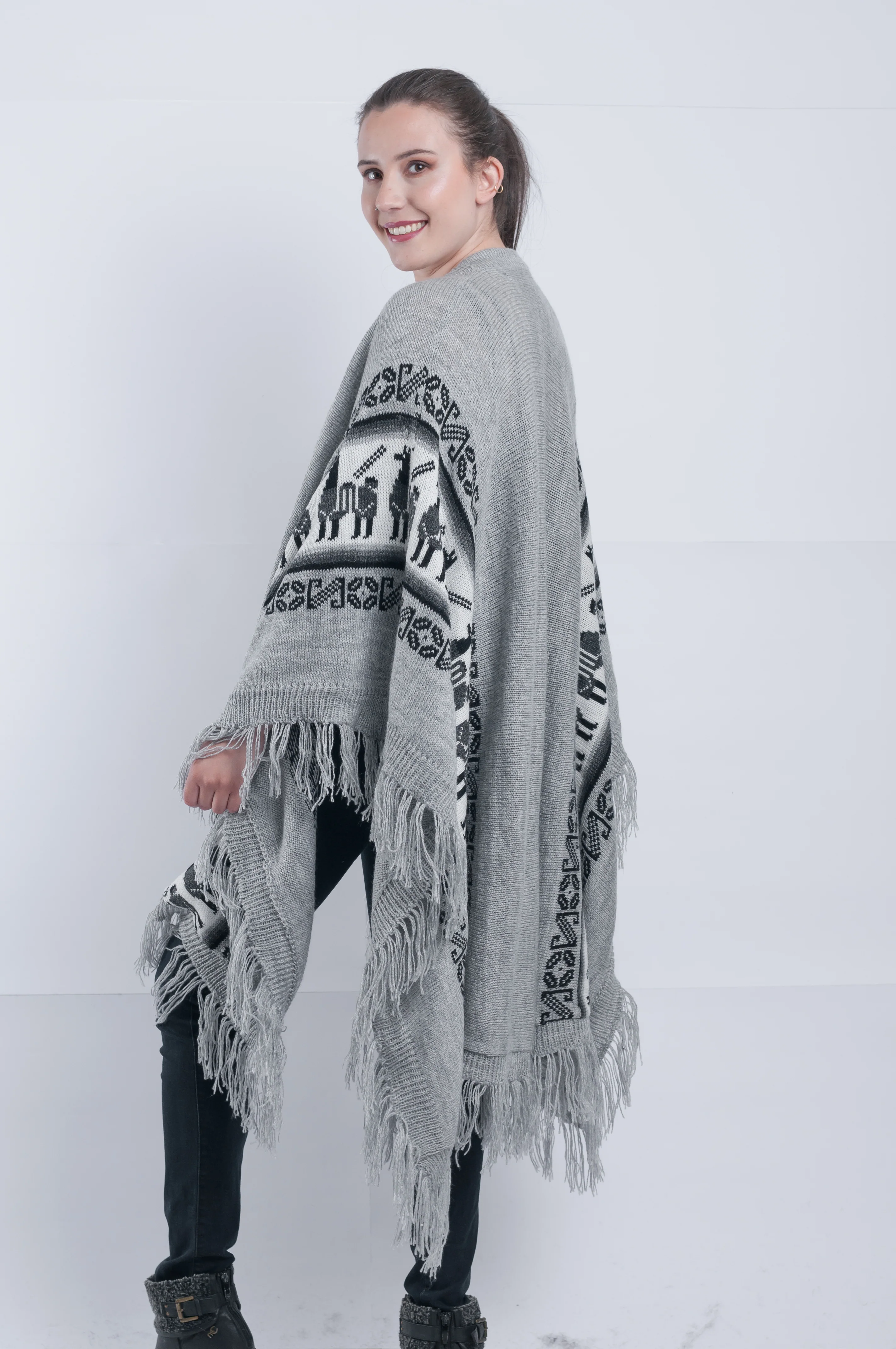 Gray Alpaca Shawl Open Poncho - Image 3