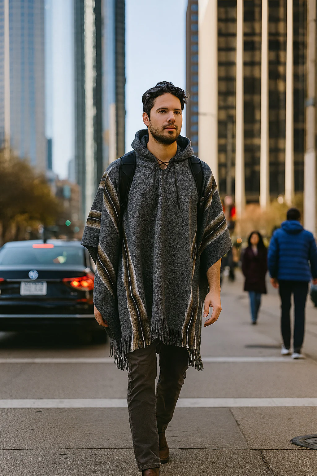 Gray Hooded Poncho For Men - Image 3