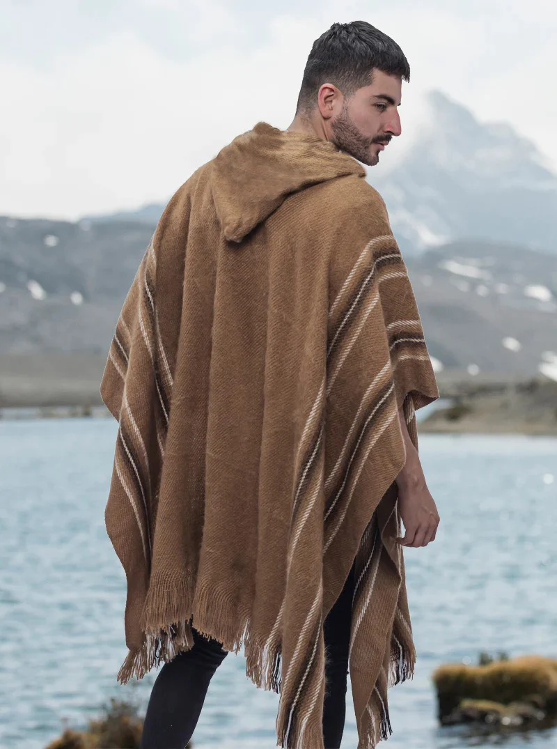 Hooded Brown Alpaca Poncho for Men - Image 3
