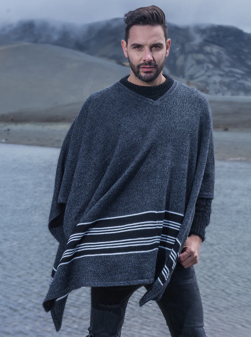 V-Neck Gray Alpaca Poncho for Men - Image 3